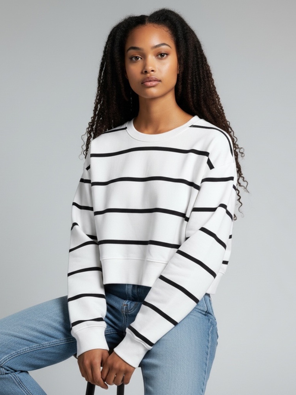 Jockey White Crewneck Sweatshirt with Navy Stripes